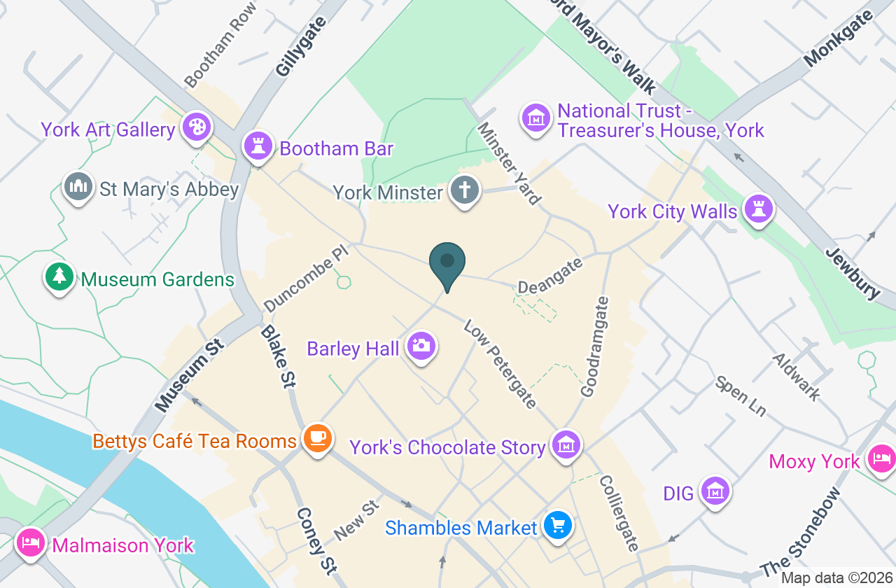 Map showing the Minster Gate Bookshop at 8 Minster Gates, York